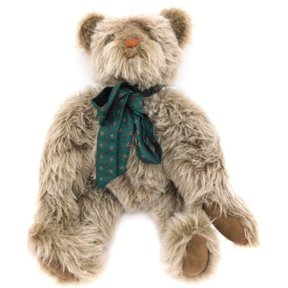 Leona Bear Jointed Gray Brown Teddy Bear Inspired by the Heart Plush Green Bow - Picture 1 of 8